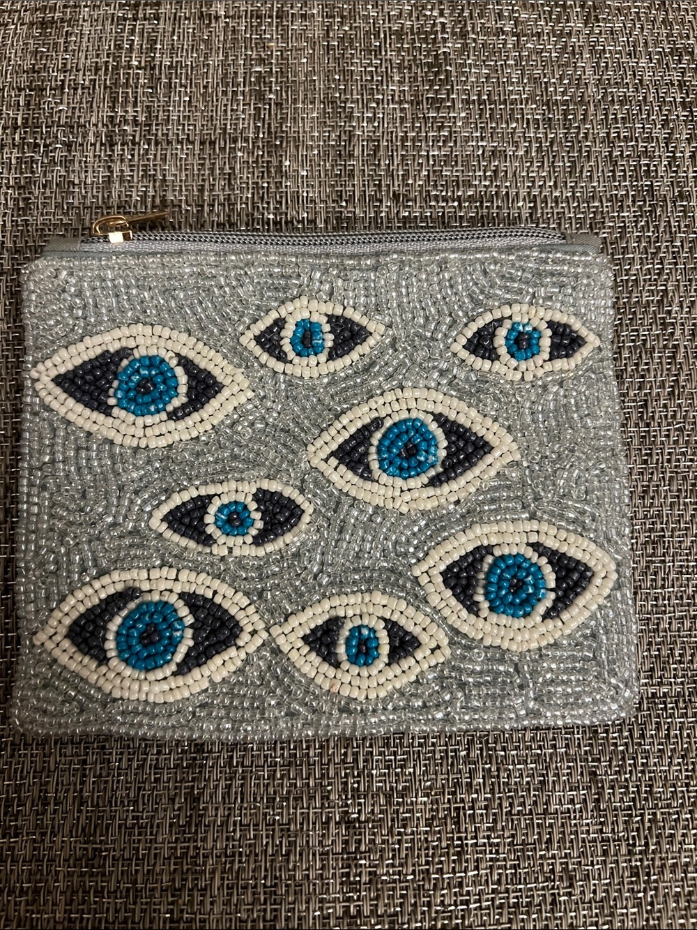 Beaded Eye Motif Silver Clutch Wallet - Blue & White